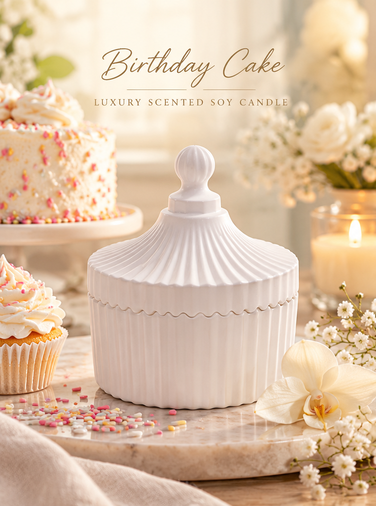 Birthday Cake candle in a white ribbed carousel jar with matching lid.