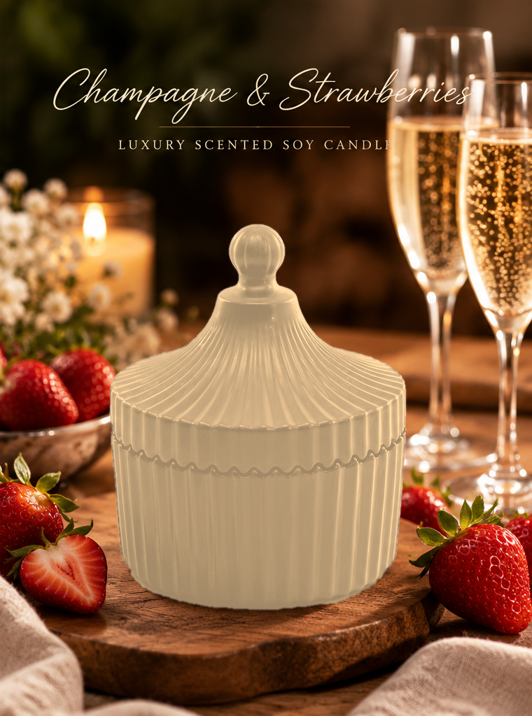 Champagne & Strawberries candle in a white ribbed carousel jar with matching lid.