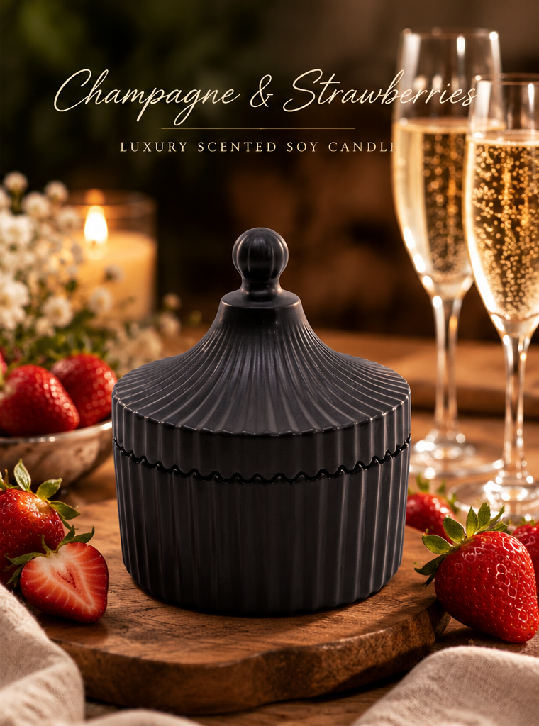 Champagne & Strawberries candle in a black ribbed carousel jar with matching lid.
