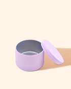 Lilac tin with matching lid, shown empty