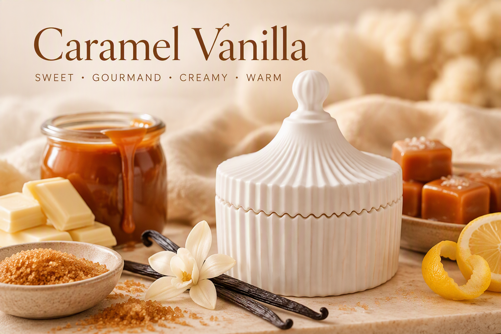 White ribbed carousel jar with lid styled with caramel and vanilla, labelled Caramel Vanilla