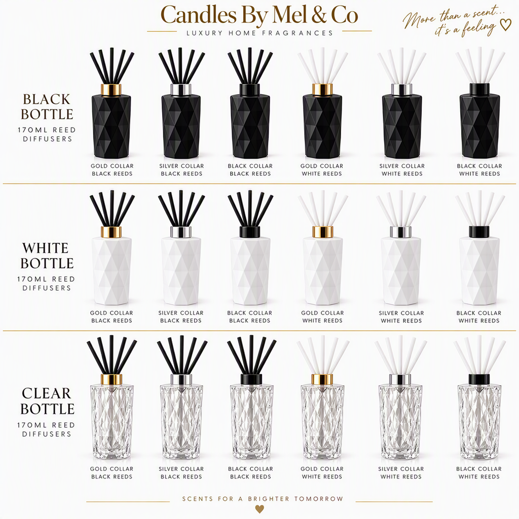 170 ml Diamond reed diffusers in black, white and clear bottles, with gold, silver or black collars and black or white reeds.