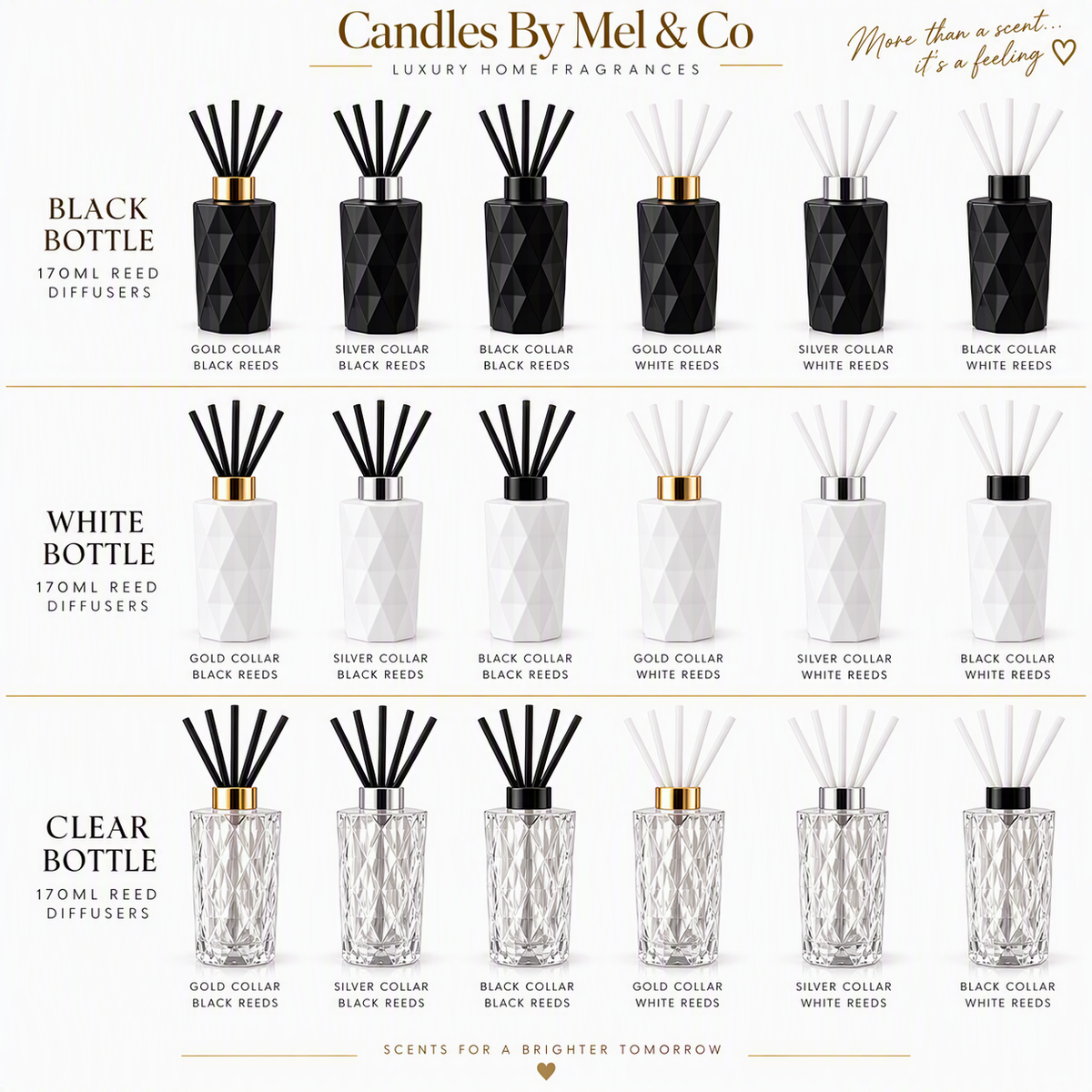 170 ml Diamond reed diffusers in black, white and clear bottles, with gold, silver or black collars and black or white reeds.