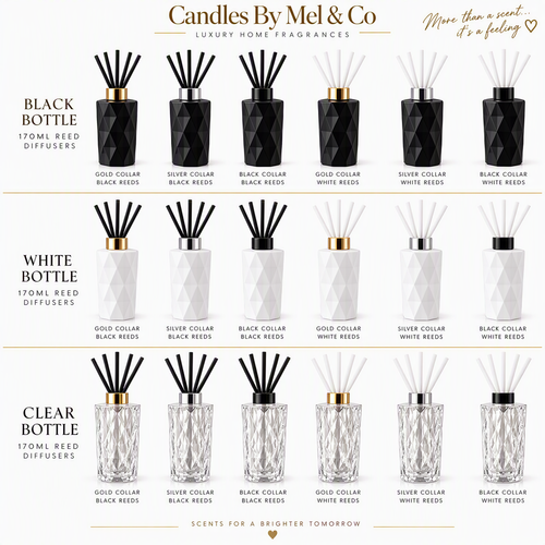 170 ml Diamond reed diffusers in black, white and clear bottles, with gold, silver or black collars and black or white reeds.