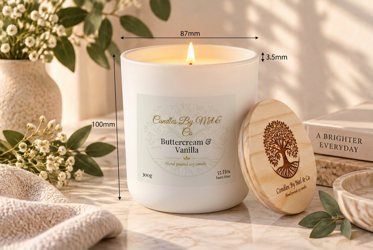 Large candle size reference showing 100mm height and 87mm outside diameter.