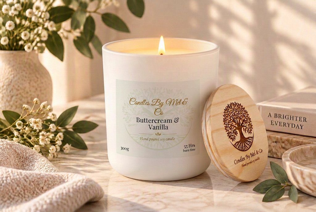 Large 300g Buttercream & Vanilla candle with engraved wooden lid, without measurement markings.