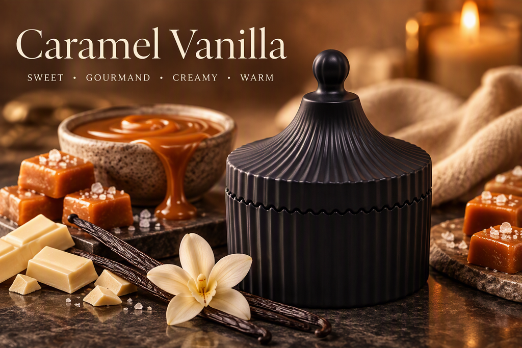 Black ribbed carousel jar with lid styled with caramel and vanilla, labelled Caramel Vanilla