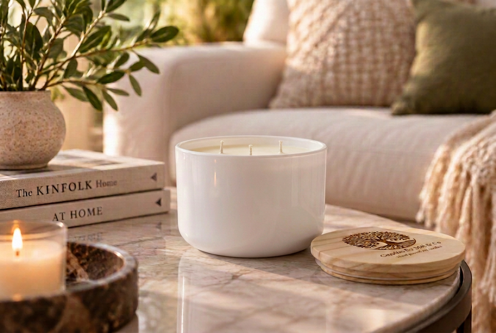 Plain matte white Mini Bowl candle without a front sticker, with three wicks and an engraved wooden lid.