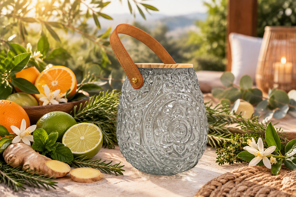 Embossed Bloom candle jar with tan handle styled outdoors with citrus, ginger and greenery for Mandarin Yuzu & Citronella