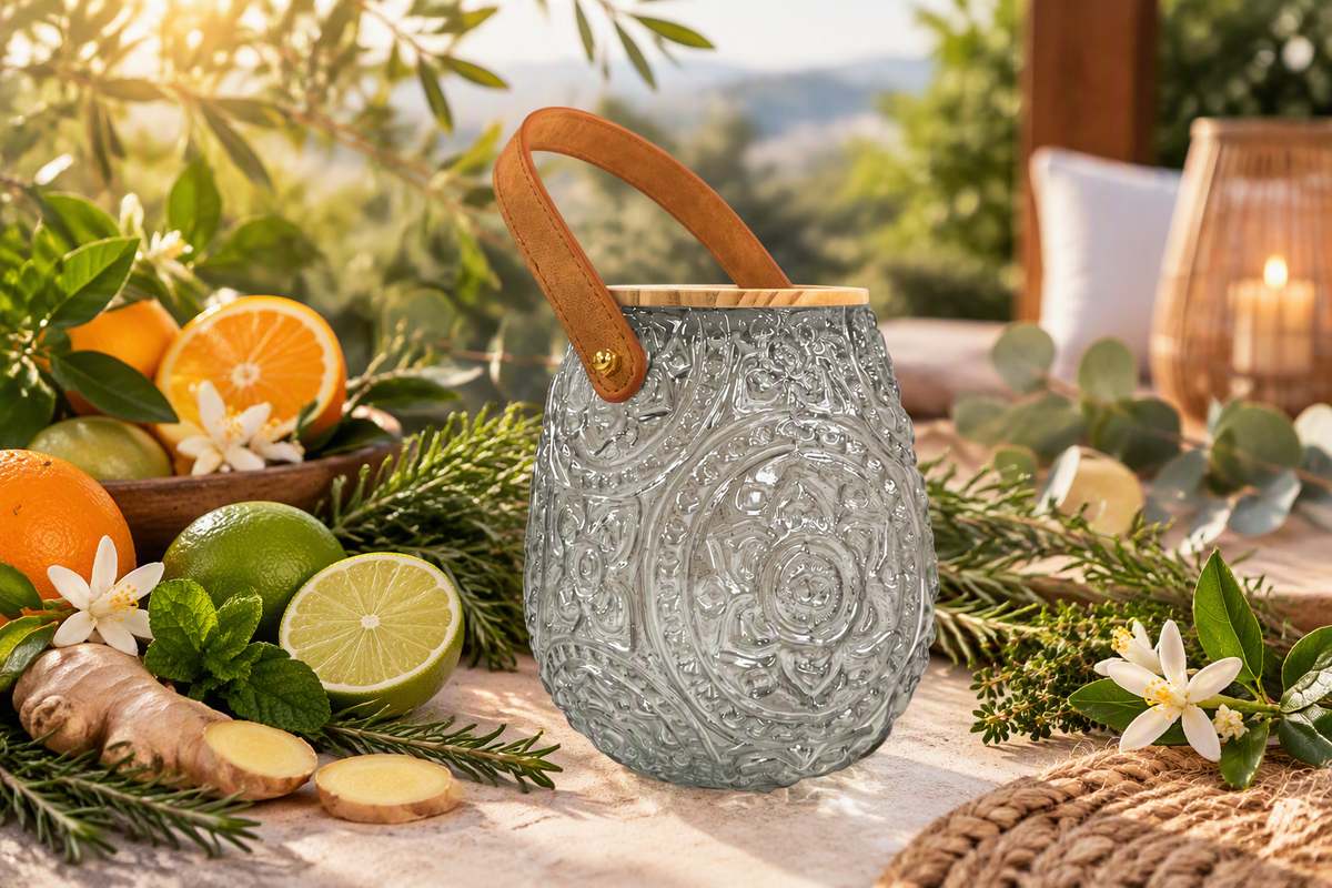 Embossed Bloom candle jar with tan handle styled outdoors with citrus, ginger and greenery for Mandarin Yuzu & Citronella