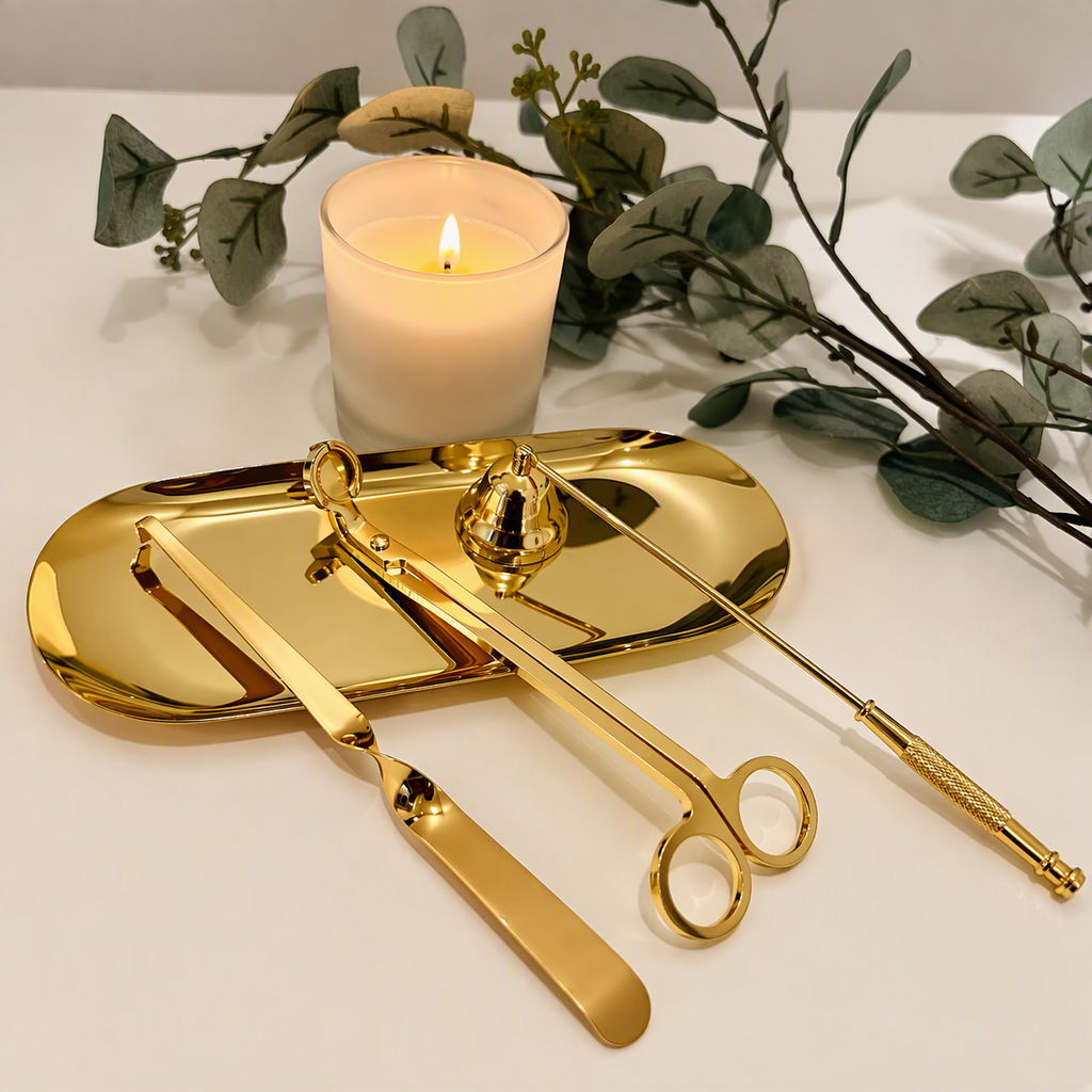 Gold candle care kit with matching tray.
