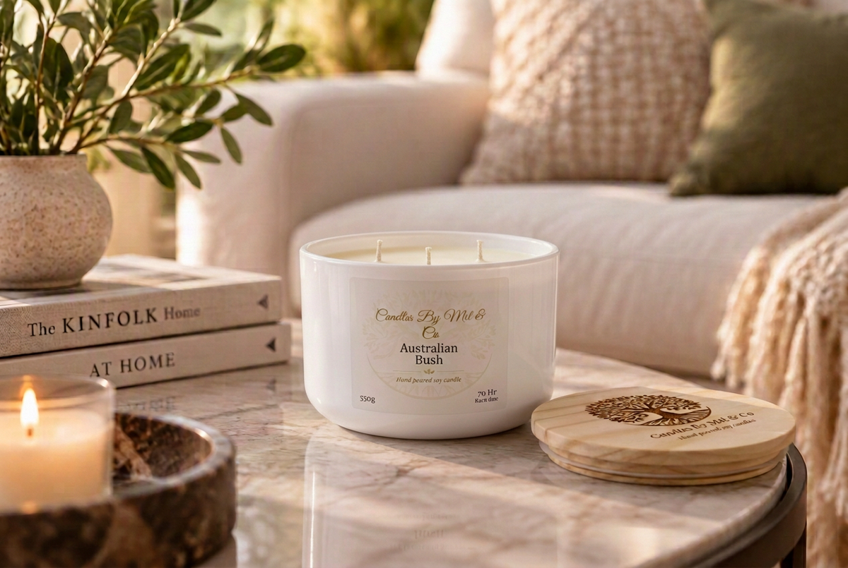Australian Bush Mini Bowl candle with three wicks and engraved wooden lid, without measurement markings.